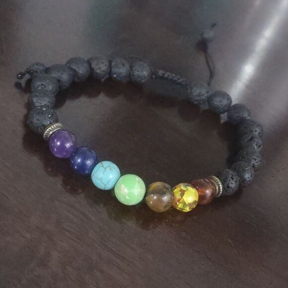 Women's Grounding Lava Rock with Chakra Beads Adjustable Slider Bracelet - Picture 2 of 6